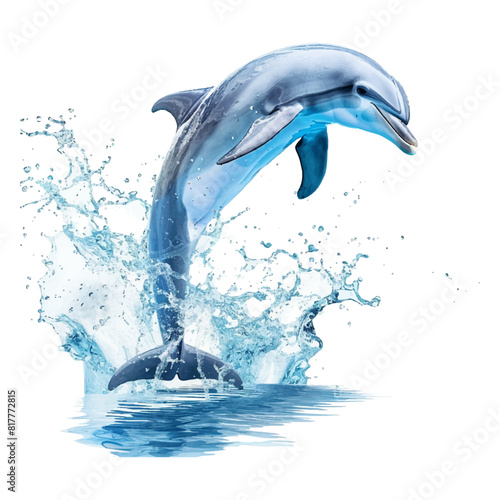 Isolated dolphin jumping on water splashes on white background.