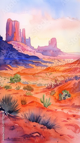 Watercolor illustration of a desert mesa at sunset in the Wild West  with the landscape bathed in the soft glow of twilight --ar 9 16 Job ID  1e8fd308-a31b-4afd-b07c-dcc8dad43f3d