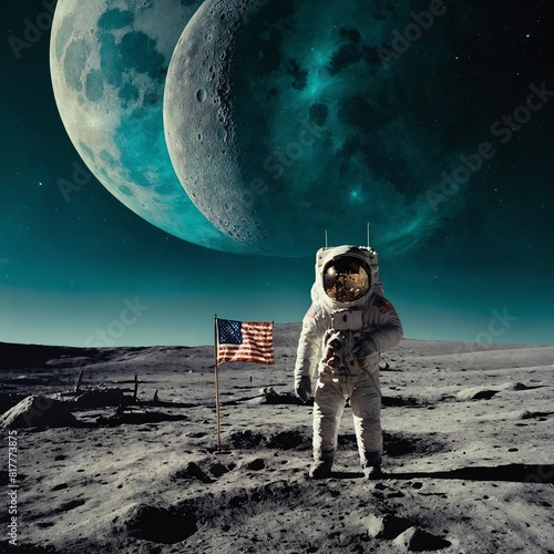 "A tribute to the heroes of the moon landing."Background: Turquoise horizon with the Earth rising over the moon.