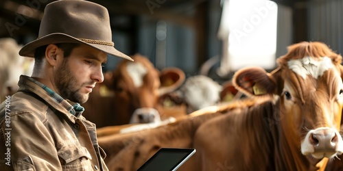 Dry farmer uses tablet in shed for techdriven cattle farming. Concept Dry Farming, Tablet Technology, Cattle Farming, Shed Setup, Tech-Driven Agriculture photo
