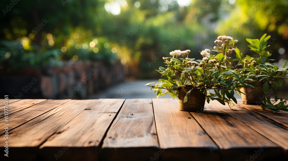 A charming wooden table set amidst a picturesque countryside scene, offering a perfect spot for text or product display A charming wooden table set amidst a picturesque countryside scene, offering a perfect spot for text or product display