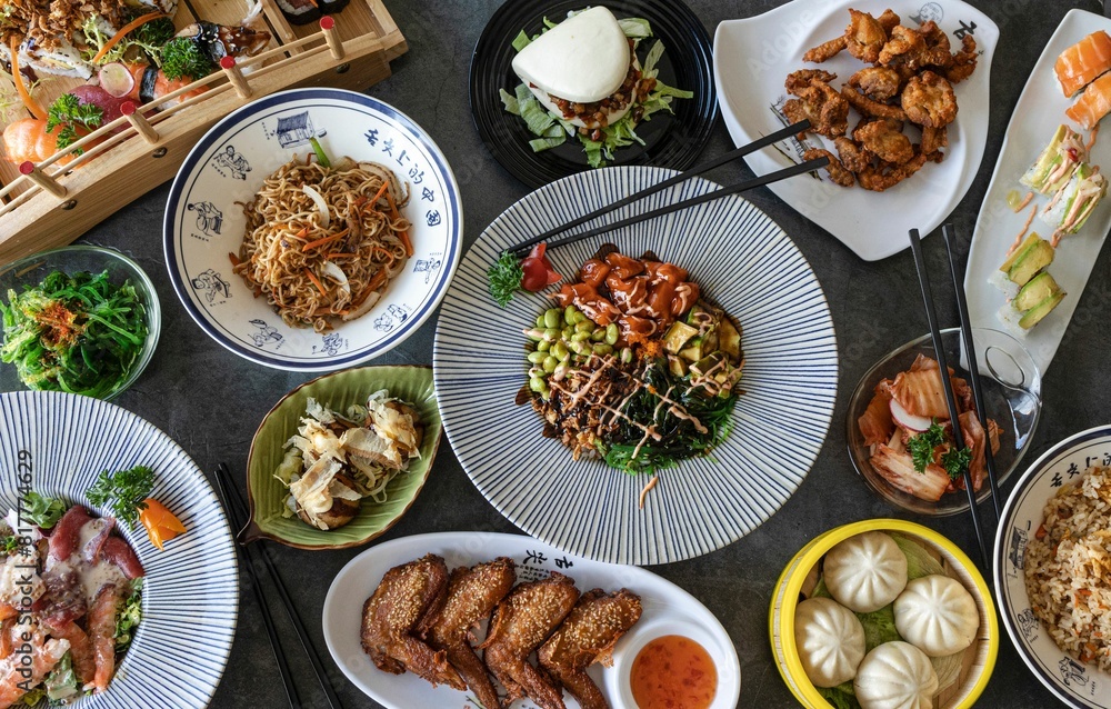 Top view of various Asian dishes on the table Top view of various Asian dishes on the table