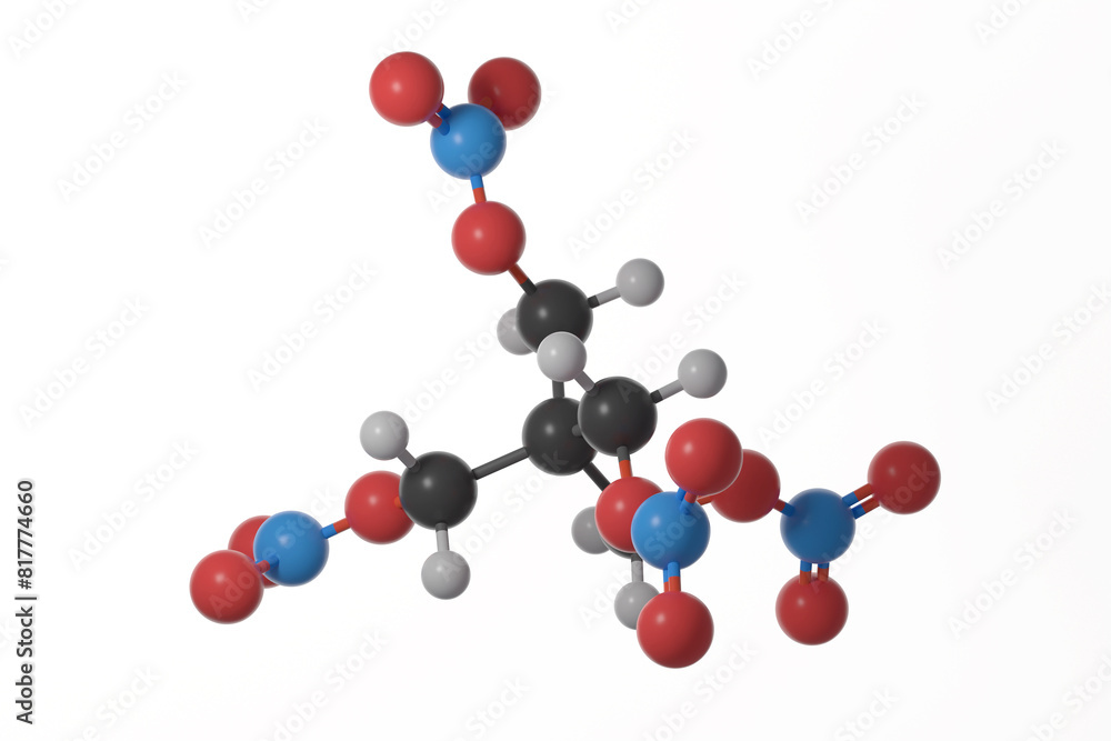 Ball and stick model of pentaerythritol tetranitrate (PETN) molecule against a white background Ball and stick model of pentaerythritol tetranitrate (PETN) molecule against a white background