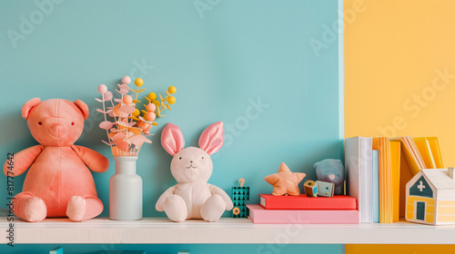 Shelf with baby toys book and decor near color wall