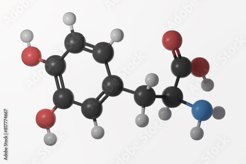 Ball and stick model of levopoda molecule against a white background
