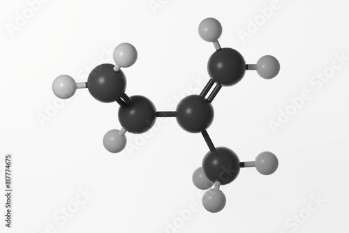 Ball and stick model of isoprene molecule against a white background