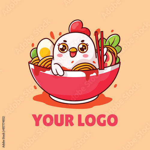 Cartoon chicken sitting in ramen bowl mascot logo