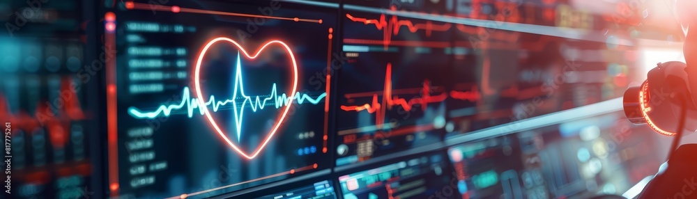 Closeof cardiology with Glow HUD big Icon of heartbeat, showing a cardiologist assessing cardiac rhythms, in luxury color, blur background of a heart monitoring station