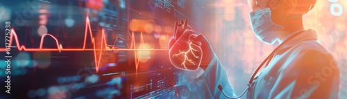 Closeof cardiology with Glow HUD big Icon of heartbeat, showing a cardiologist assessing cardiac rhythms, in luxury color, blur background of a heart monitoring station photo