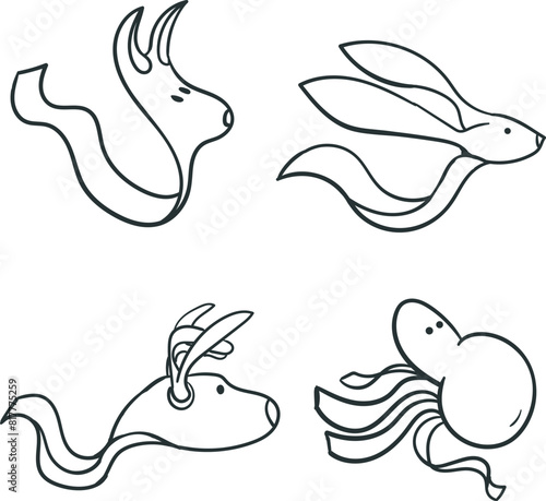 Set of cartoon images of animals. They consist of a head and a ribbon or paper instead of a body.
