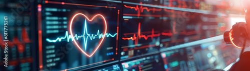 Closeof cardiology with Glow HUD big Icon of heartbeat, showing a cardiologist assessing cardiac rhythms, in luxury color, blur background of a heart monitoring station photo