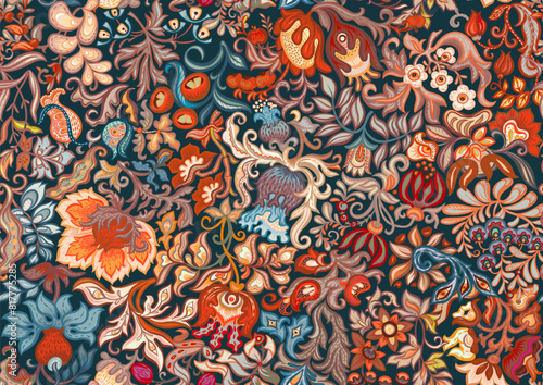 Fantasy, alien flowers, decorative flowers and leaves. Cartoon style. Millefleurs trendy floral design. Seamless pattern, background. Vector illustration.