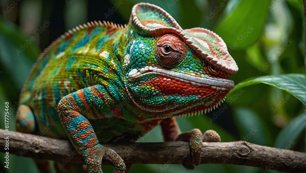 Exotic chameleon of vibrant colors and striking patterns formed by network of unique scales amidst green lush jungles Exotic chameleon of vibrant colors and striking patterns formed by network of unique scales amidst green lush jungles