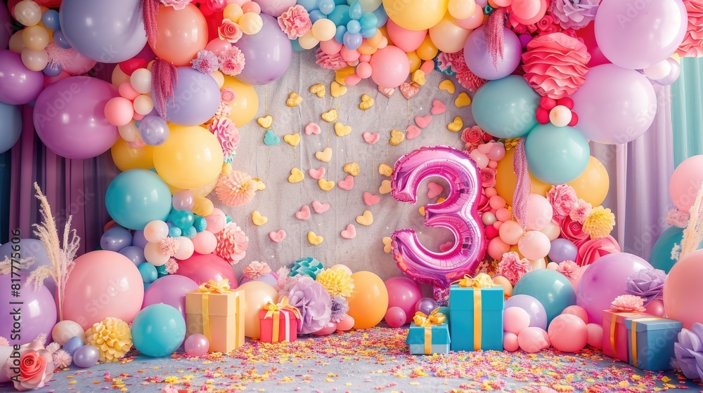 Arch photo zone for a birthday with the number 3, made of balloons, sweets and gifts Arch photo zone for a birthday with the number 3, made of balloons, sweets and gifts