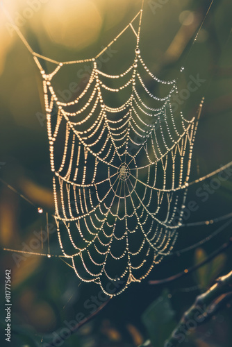 Close-up of a spider web covered in morning dew  highlighting the intricate patterns and delicate texture of the silk. 