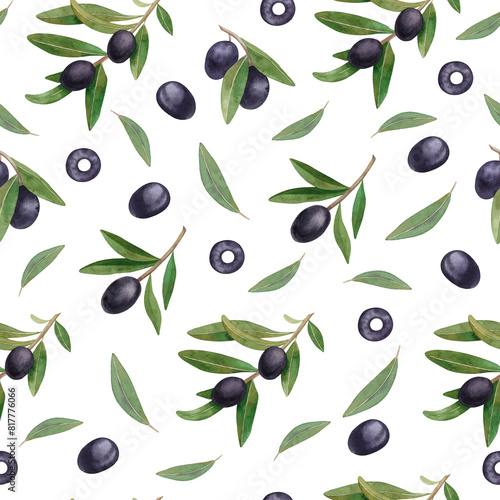 Seamless pattern with olive branches, olives and leaves on white background. Hand drawn watercolor olives for fabrics, wallpaper, scrapbooking, postcards.