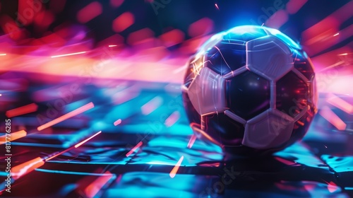 Closeup of a futuristic soccer ball illuminated by dynamic lights on a technological field  set against a cyberpunk color palette  sharpen banner with copy space