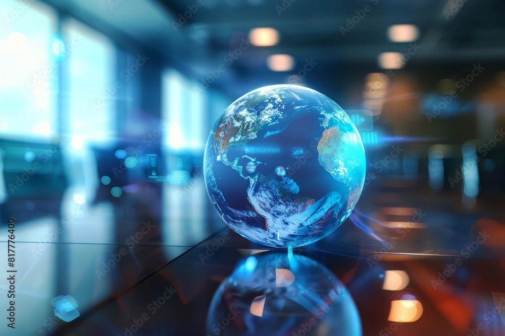Closeup of a holographic earth displaying realtime environmental data, with a blurred background of a greentech conference room, hitech look concept, clean look, sharpen banner Closeup of a holographic earth displaying realtime environmental data, with a blurred background of a greentech conference room, hitech look concept, clean look, sharpen banner
