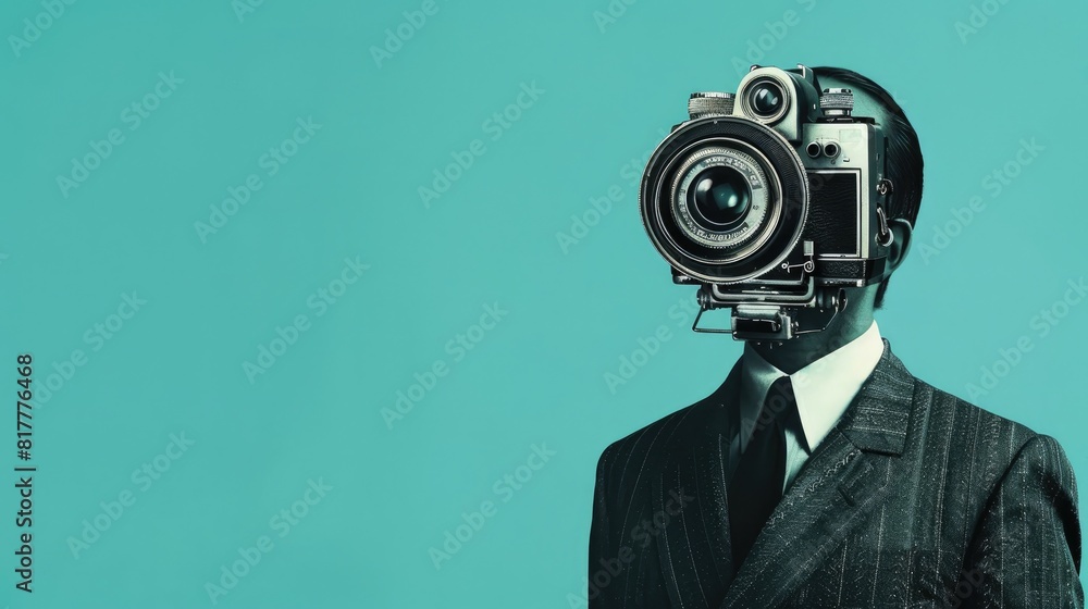 Fasion collage style artwork of man in suit with retro photocamera head, blue background Fasion collage style artwork of man in suit with retro photocamera head, blue background