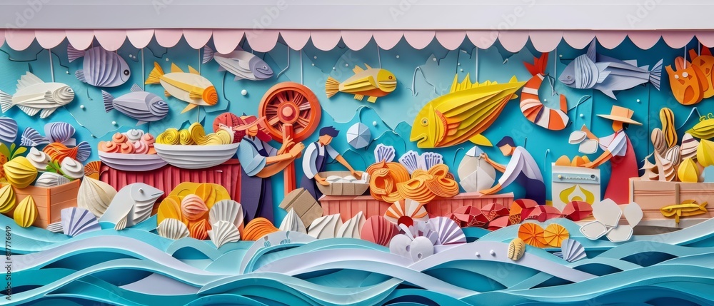 Creative and colourful paper art of a bustling seafood market scene, depicted in classic styles color, banner sharpen with copy space