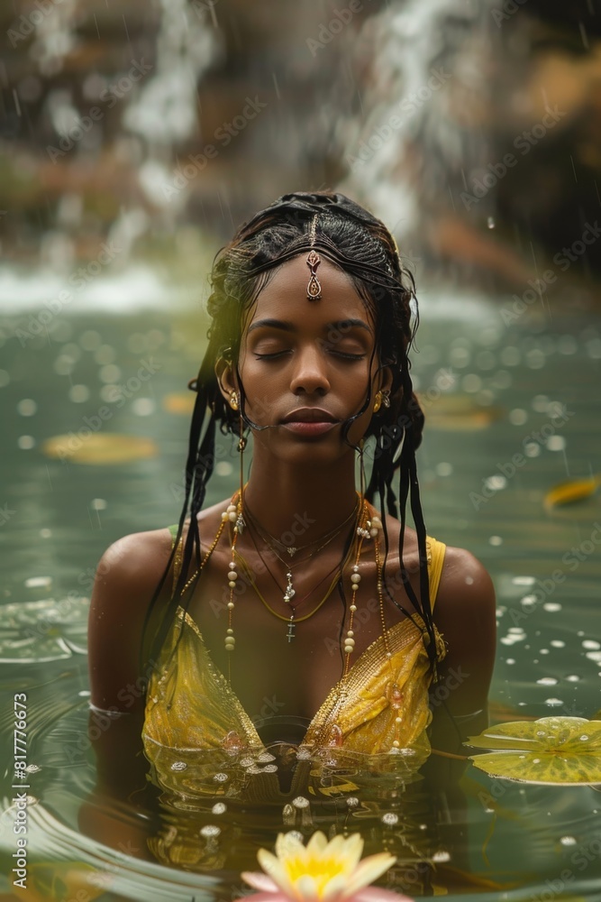 Obraz premium Wunderschöne Frau, traditionelle Kleidung, praktiziert Achtsamkeit im Wasser, inmitten von wunderschönen Lotus- und Wasserpflanzen, Stimmung der Achtsamkeit, Meditation und Entspannung des Geistes.