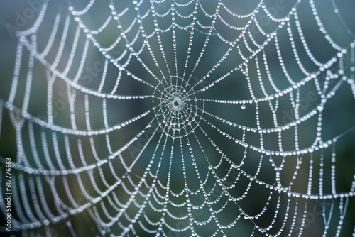 Close-up of a spider web covered in morning dew, highlighting the intricate patterns and delicate texture of the silk.  © grey