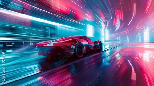 Creative futuristic design pop art color of a sports car zooming through a cyberpunk 80s color city