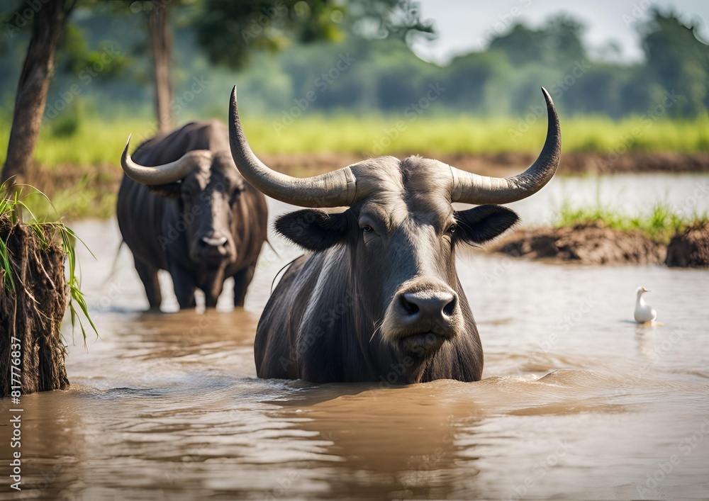Fototapeta premium Asian water buffaloes swim in a mud swamp. A white bird sits on their backs. This is common in Thailand. These buffaloes are traditional agricultural animals.