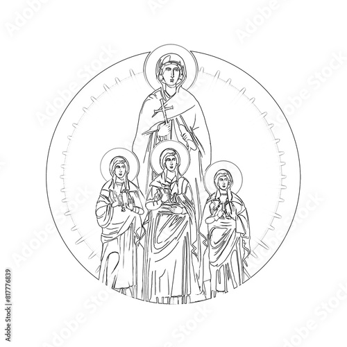 Saint Sophia. Religious coloring page in Byzantine style on white background