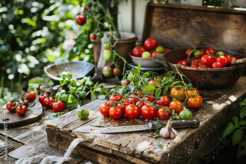 Tomato garden with ripe red and yellow tomatoes in wooden crate  cherry sized to beefsteak varieties