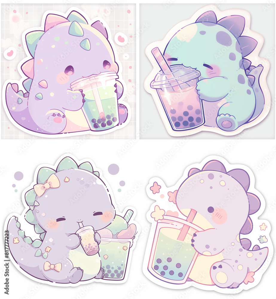 Boba tea dinosaur drinker Cute kawaii ilustrations for stickers, emotes twitch, room decoration, logo, graphics, clipart, isolated, character design, decorative