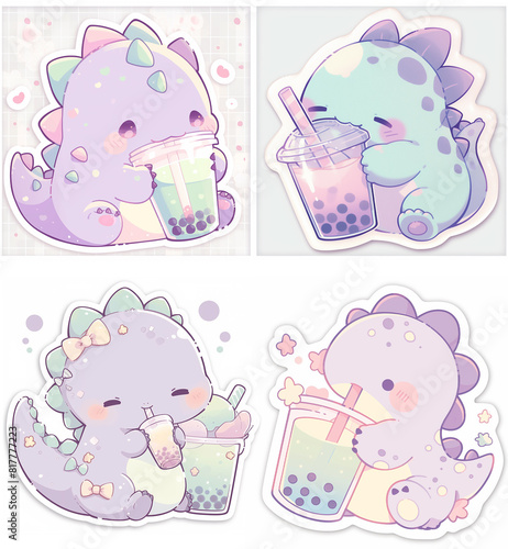 Obraz na płótnie Boba tea dinosaur drinker Cute kawaii ilustrations for stickers, emotes twitch, room decoration, logo, graphics, clipart, isolated, character design, decorative w salonie