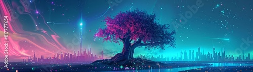 Futuristic illustration Pop art color of a tree that produces rare gems instead of fruits, set against a cyberpunk 80s color skyline, banner template sharpen with copy space photo