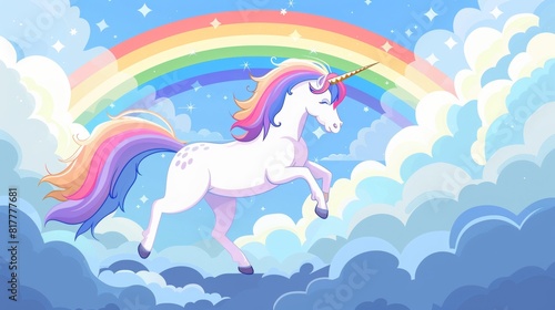 white unicorn galloping through the clouds against a rainbow backdrop