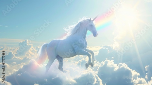 white unicorn galloping through the clouds against a rainbow backdrop