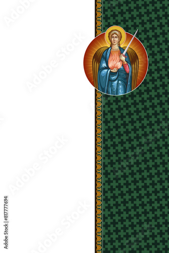 Archangel Uriel. Religious decorative border design. Illustration in Byzantine style isolated