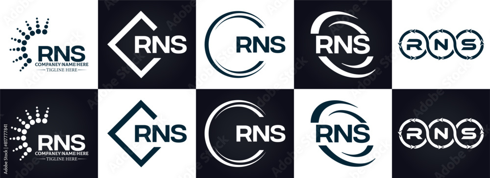 RNS logo. R N S design. White RNS letter. RNS, R N S letter logo design. R N S letter logo design in FIVE, FOUR, THREE, style. letter logo set in one artboard. R N S letter logo vector design.