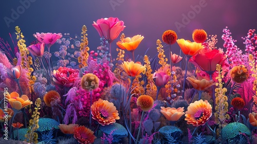 3D plants and flowers dressed in futuristic fashion  vibrant and magical in their colorful arrangement