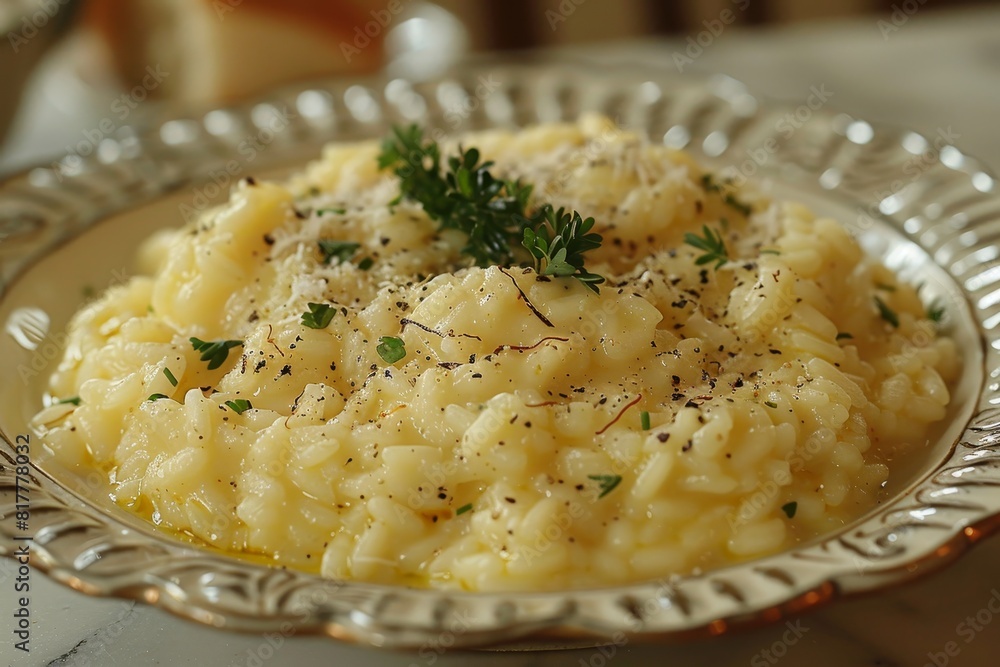 Risotto alla Milanese: Creamy saffron-infused risotto with a bright yellow color and a slightly glossy finish. - Risotto alla Milanese: Creamy saffron-infused risotto with a bright yellow color and a slightly glossy finish. -