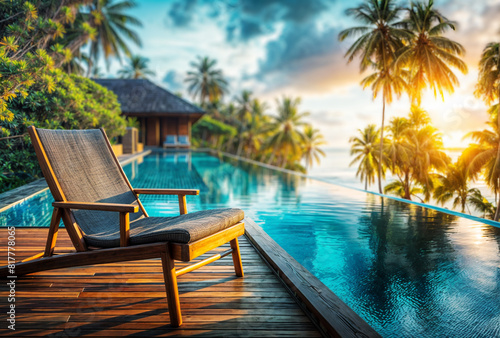 A deckchair is placed by an empty infinity pool. The sun is setting  and palm trees surround the pool.