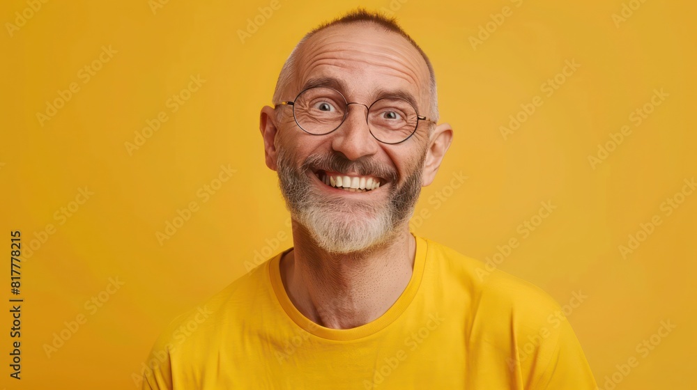 Cheerful White Man in Yellow Shirt, Studio Portrait on Yellow Background, Vibrant Colors Cheerful White Man in Yellow Shirt, Studio Portrait on Yellow Background, Vibrant Colors