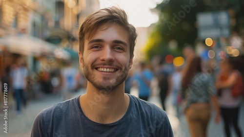 Smiling Brunette Man's Selfie in Stylish T-Shirt, City Street Background with Blurred Passersby, Natural Lighting Emphasizing Facial Details