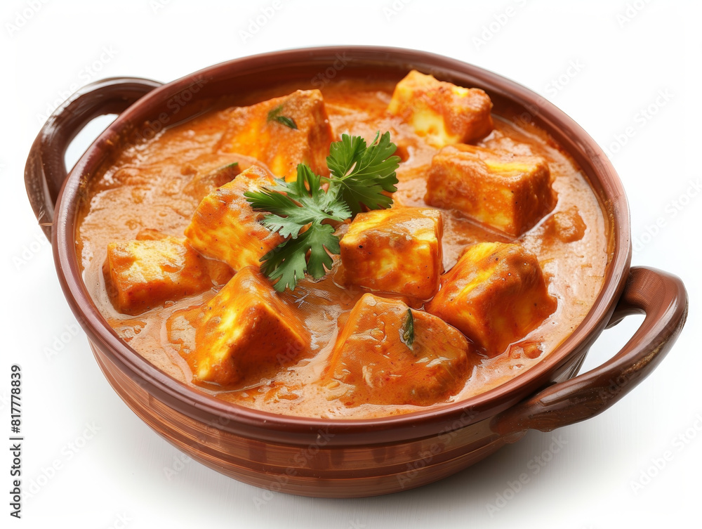 A bowl of red curry with chunks of meat and green parsley