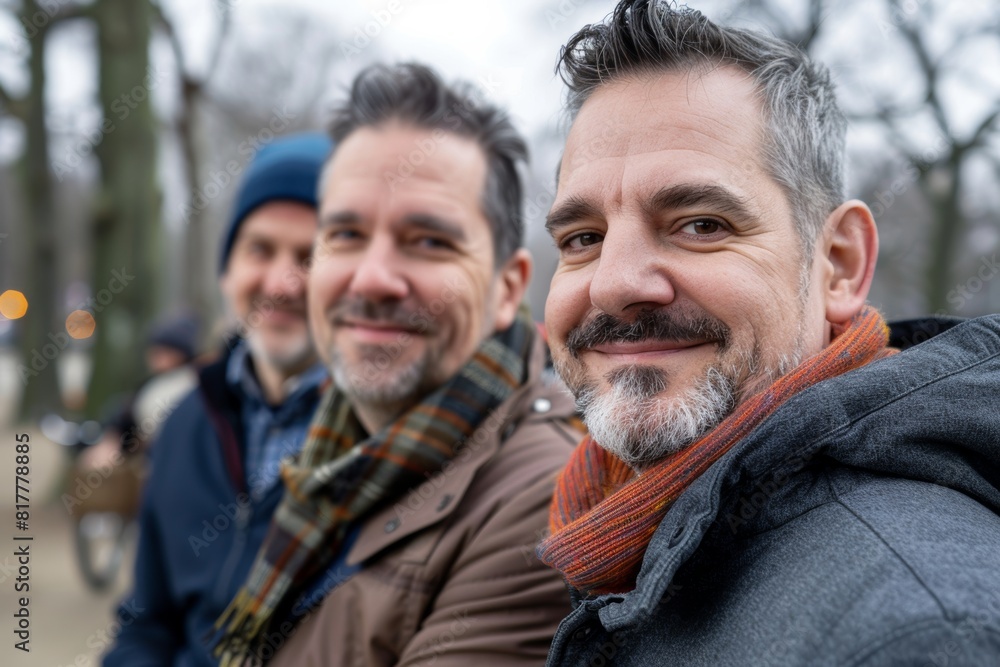 Portrait of three mature men in the park. They are smiling and looking at the camera.