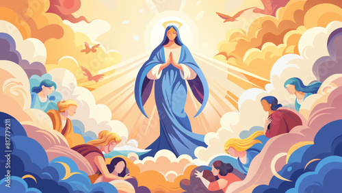 Ethereal Divine Madonna Surrounded by Celestial Angels in Heavenly Illustration. Assumption of the Blessed Virgin Mary