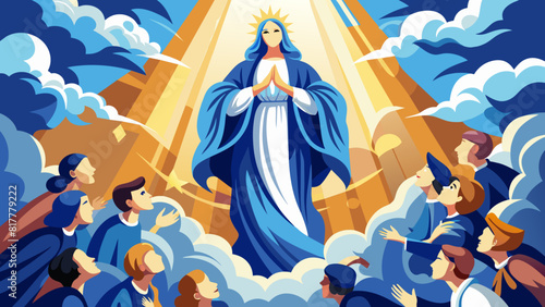 Celestial Madonna Amidst Worshippers: A Vibrant Illustration of Devotion. Assumption of the Blessed Virgin Mary photo