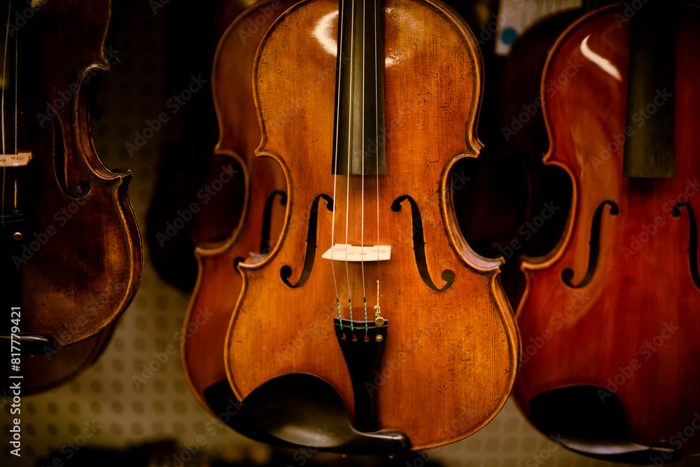 Row of violins arranged neatly on a stand in a room. Row of violins arranged neatly on a stand in a room.