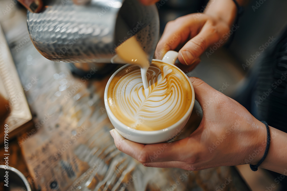 Fototapeta premium a barista's hands pouring steamed milk into a cup of espresso, creating a perfect latte art design