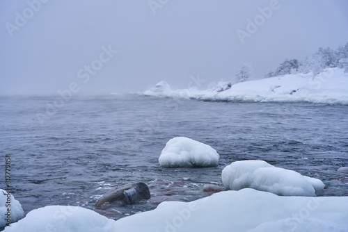 Winter storm in Emasalo Island in cold January morning photo