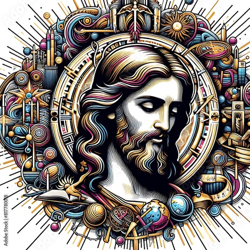 A jesus christ with long hair and beard in a circle with jesus christy objects around him art has illustrative card design realistic attractive. photo